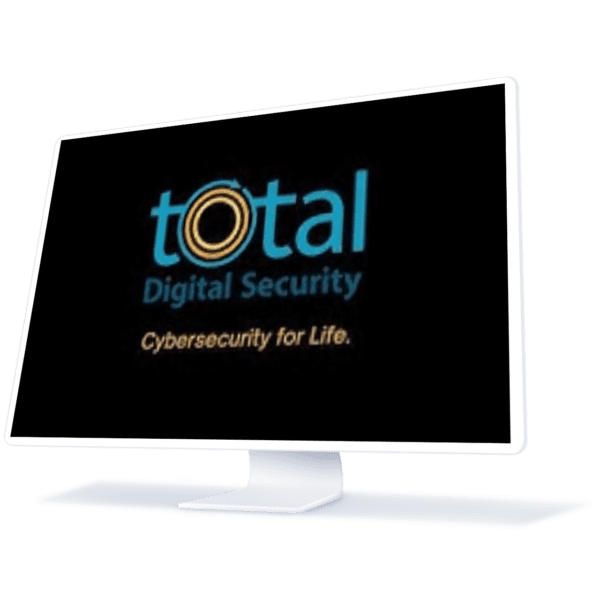 A computer screen displaying the logo of "Total Digital Security" with the tagline "Cybersecurity for Life." The background is black, and the text is in blue and white, featuring a circular design around the letter "o" in "total.