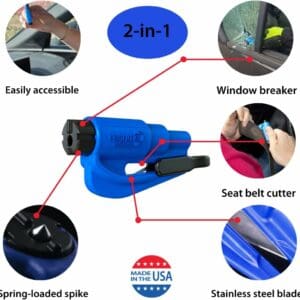 The Resqme - Emergency Car Escape Tool is shown in blue, showcasing its features. It includes a spring-loaded spike for breaking windows and a stainless steel blade for cutting seat belts. The text emphasizes its easy accessibility and notes that it’s made in the USA.