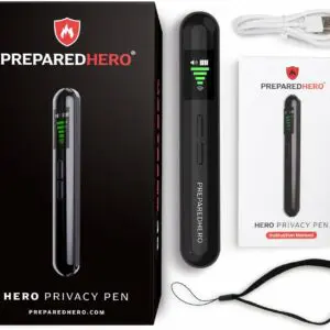 The Prepared Hero Hidden Camera Detector kit includes the detector pen, a USB cable, an instruction manual, a box, and a wrist strap. The pen boasts a sleek black design with green signal indicators and the brand logo.