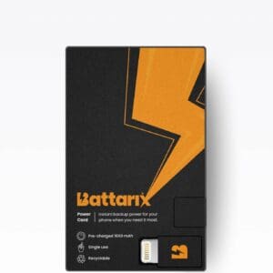Image of a Battarix - Backup Phone Charger Power Card adorned with a lightning bolt design. The card comes pre-charged with a 1600 mAh capacity and is designed for single-use before being recycled. It includes a connector for emergency phone charging.