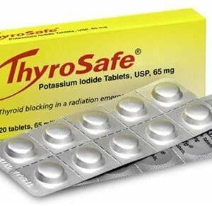 The image displays a box and blister pack of "ThyroSafe" Potassium Iodide Tablets. The packaging features yellow coloration with red and black text, indicating its use for thyroid blocking during a radiation emergency. Inside the blister pack are white, round tablets each containing 65 mg of potassium iodide.