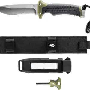Gerber Gear Ultimate Survival Knife, Fixed Blade Knife with Combo Edge, includes Fire Starter Edge and Ferro Rod, Whistle, Sheath with Integrated Sharpener