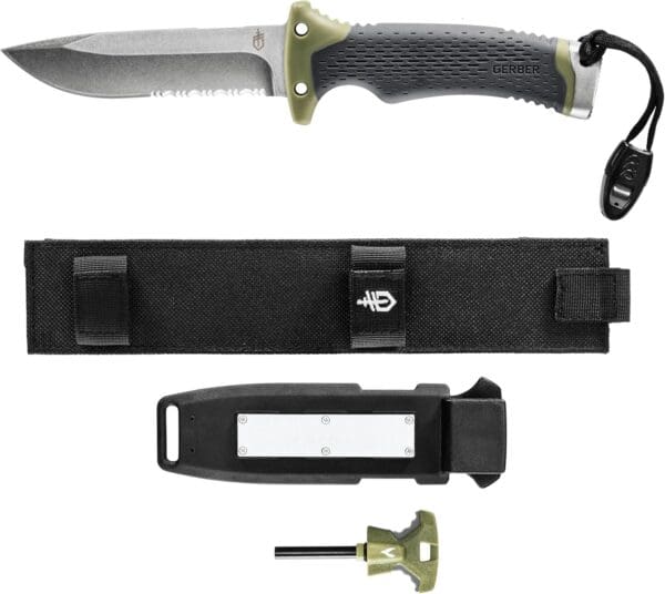 Gerber Gear Ultimate Survival Knife, Fixed Blade Knife with Combo Edge, includes Fire Starter Edge and Ferro Rod, Whistle, Sheath with Integrated Sharpener