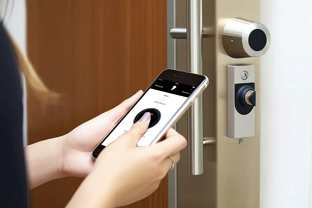 Hands using a smart door lock app in. front of a door with the lock installed.