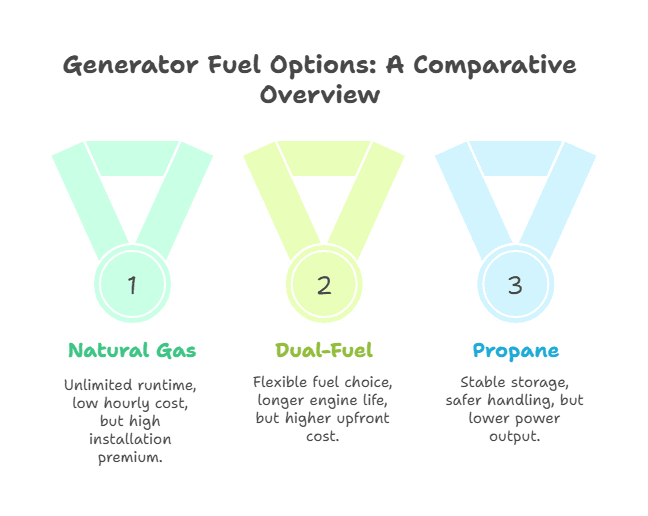 Comparing natural gas, dual fuel, and propane generators 